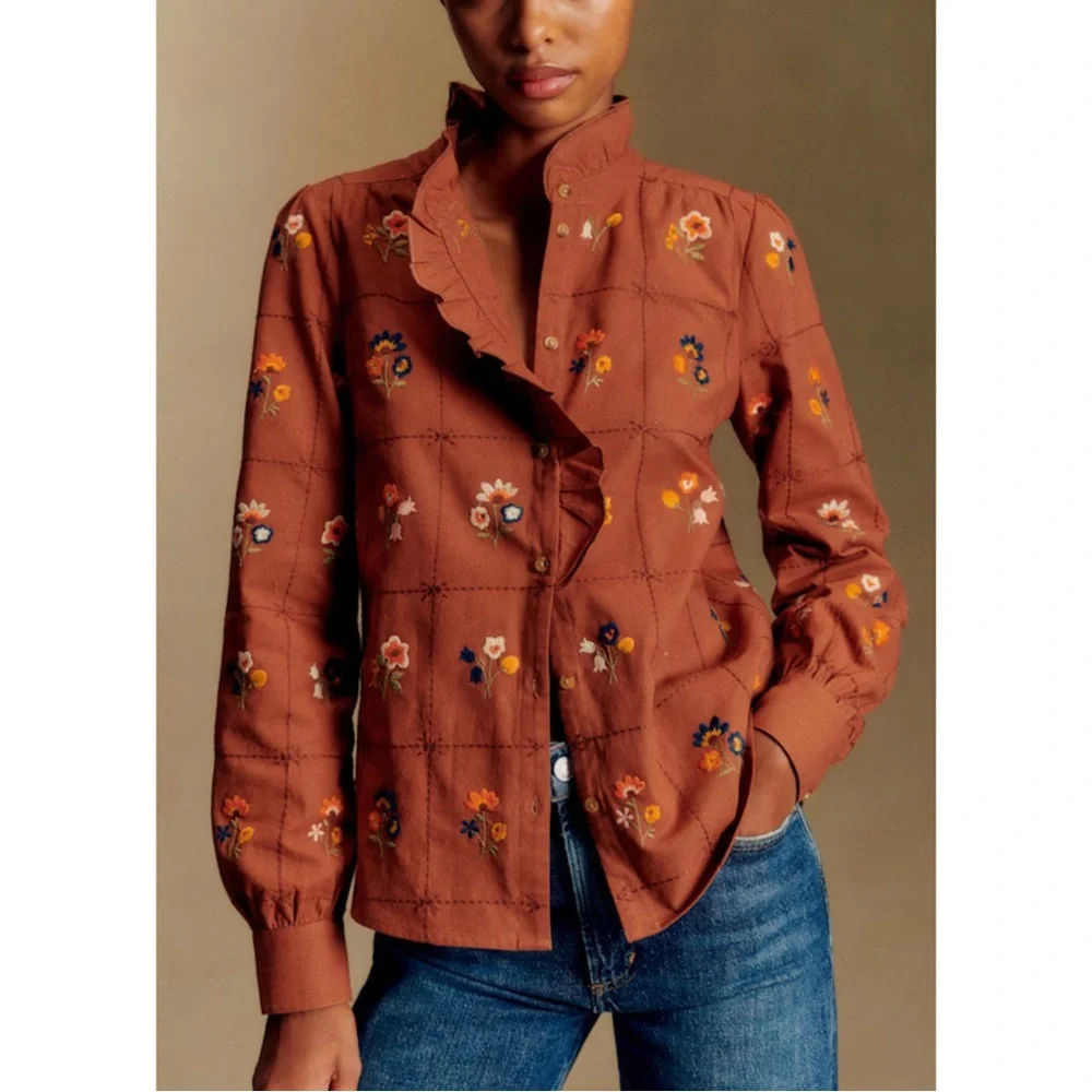SEZANE Rust Orange Blue Floral Embroidered Ruffle Button Down Shirt Chlo Blouse - Picture 17 of 17